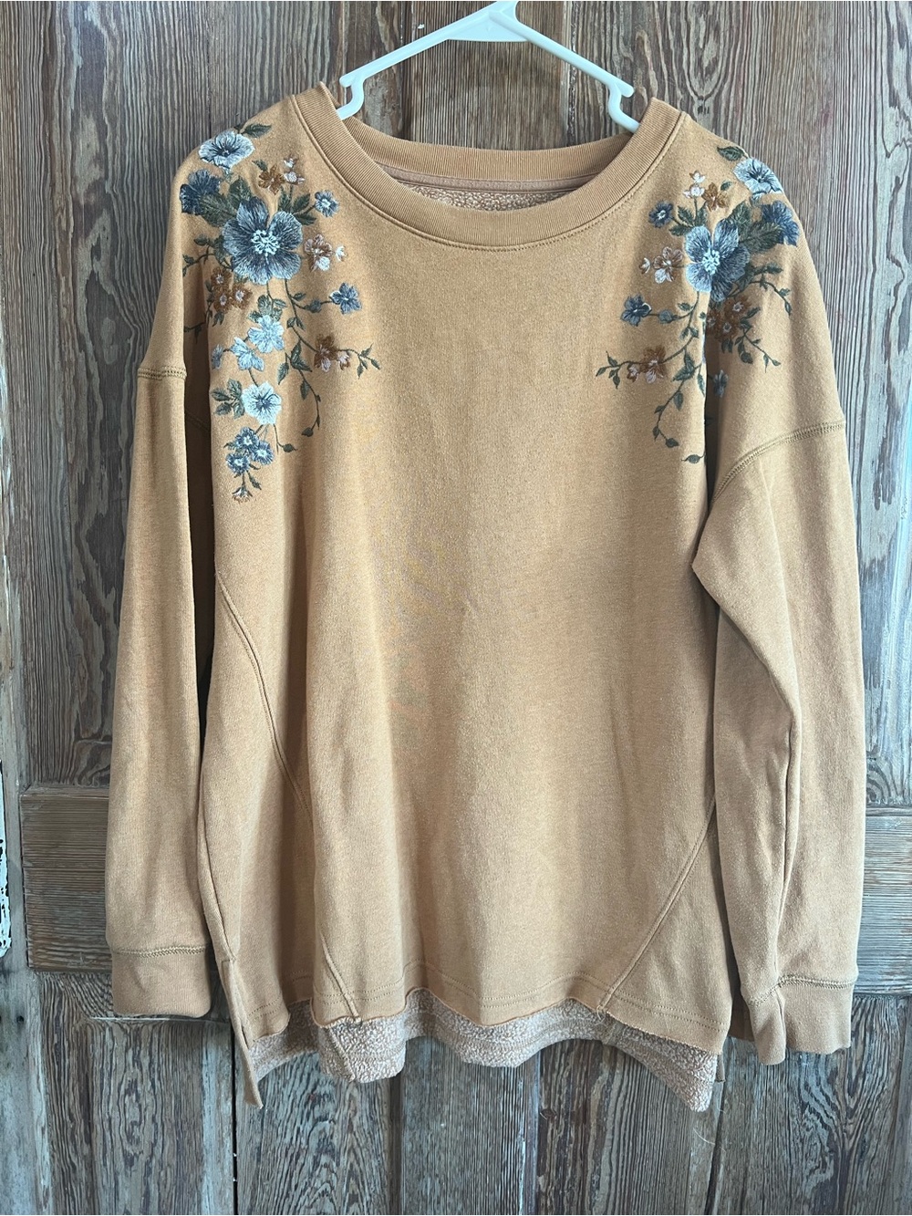 American Eagle Outfitters Tan Sweatshirt with Blue Floral Embroidery